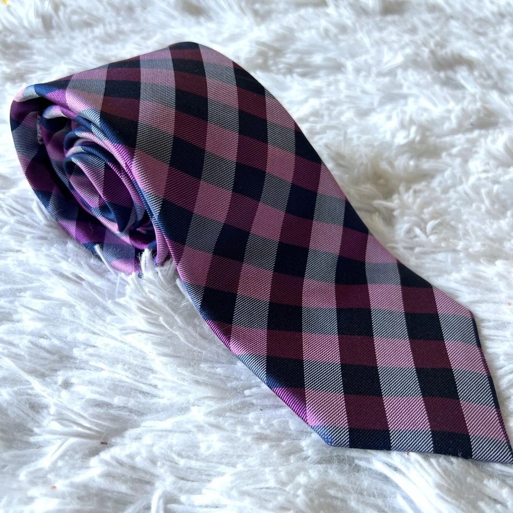 Ted Baker Plaid Checks Tie Purple Pink Navy 100% Silk Made in the USA 3.25